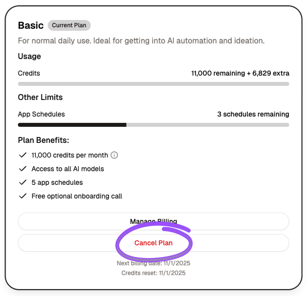 Red cancel plan button