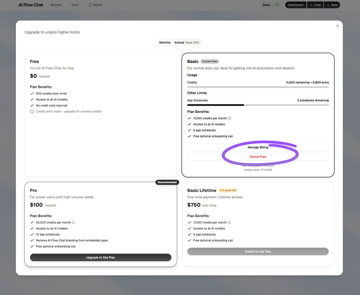 Subscription modal with current plan highlighted